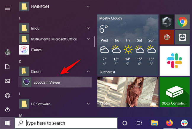 EpocCam Viewer shortcut on the Start Menu