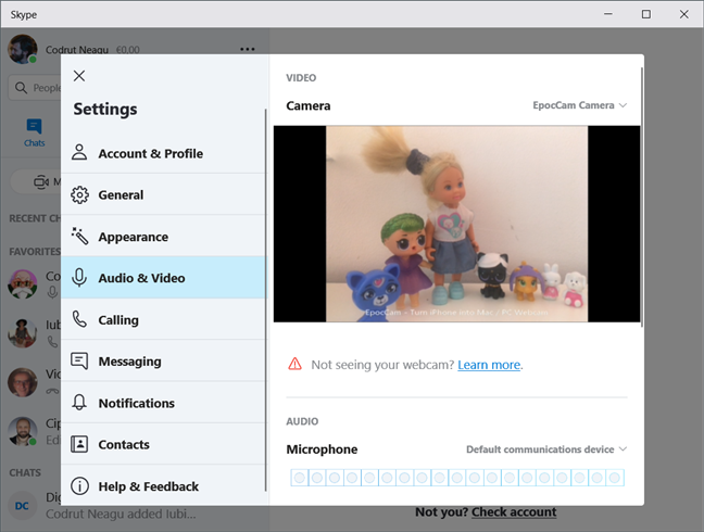 Using an iPhone as a webcam in the Windows 10 Skype app