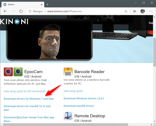 Downloading the Windows drivers from Kinoni's EpocCam website