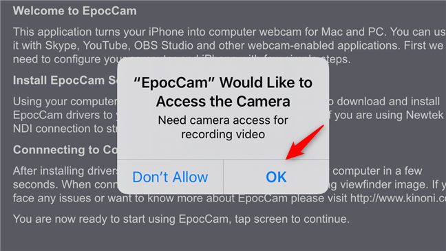 Allowing EpocCam to access the camera on an iPhone