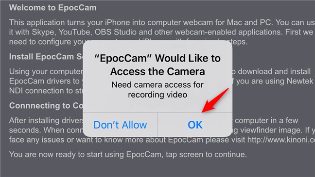 Allowing EpocCam to access the camera on an iPhone
