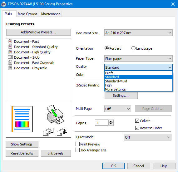 The quality presets for printing with the Epson EcoTank L5190