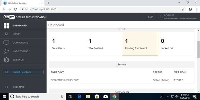 ESET Secure Authentication Web Console for a standalone install