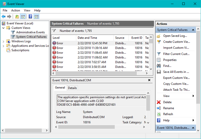 Event Viewer, Windows, custom views