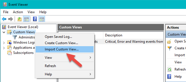 Event Viewer, Windows, custom views
