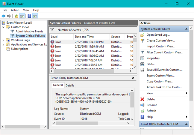 Event Viewer, Windows, custom views