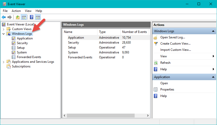 Event Viewer, Windows