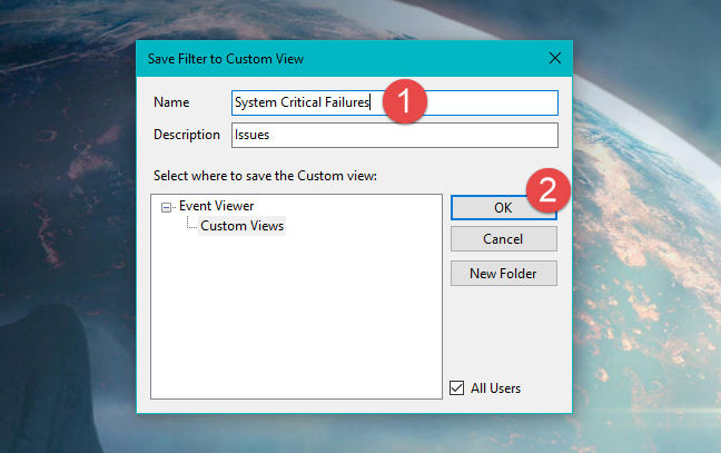 Event Viewer, Windows, custom views