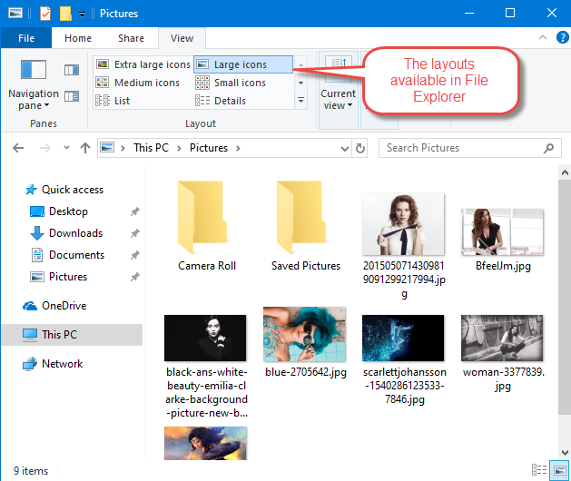 The Layouts in File Explorer
