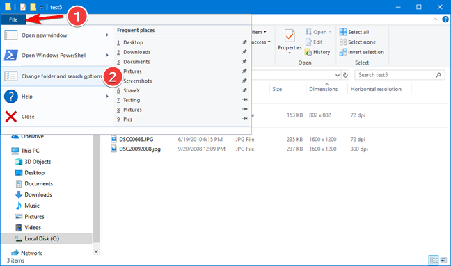 Open Change folder and search options in File Explorer