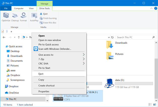 Press Eject in the contextual menu to unmount the ISO file