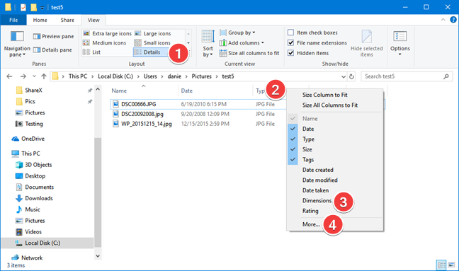 Select the fields shown in the Details view in File Explorer