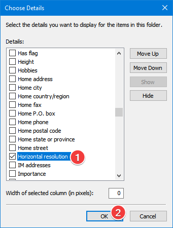 Select an extra field to show in the Details view of File Explorer