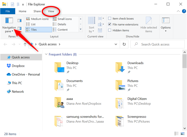 Press on Navigation pane on the top-left corner of the View tab