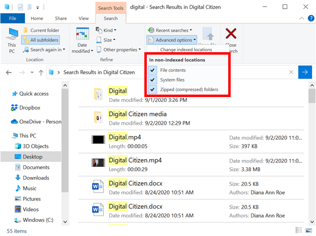 Decide how Windows 10's File Explorer searches non-indexed locations