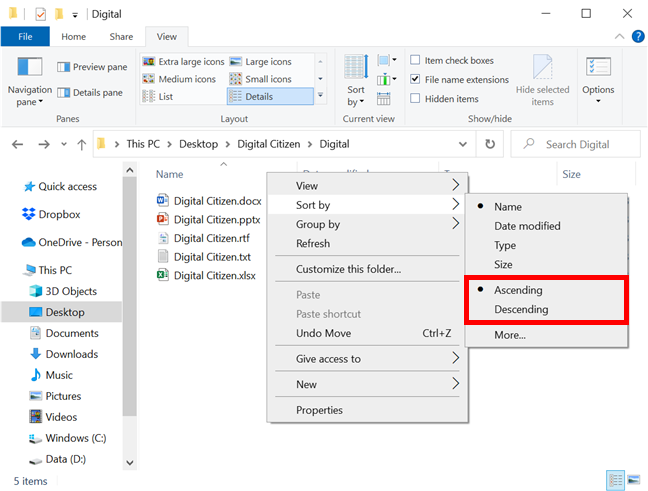 Select to sort items in Ascending or Descending order