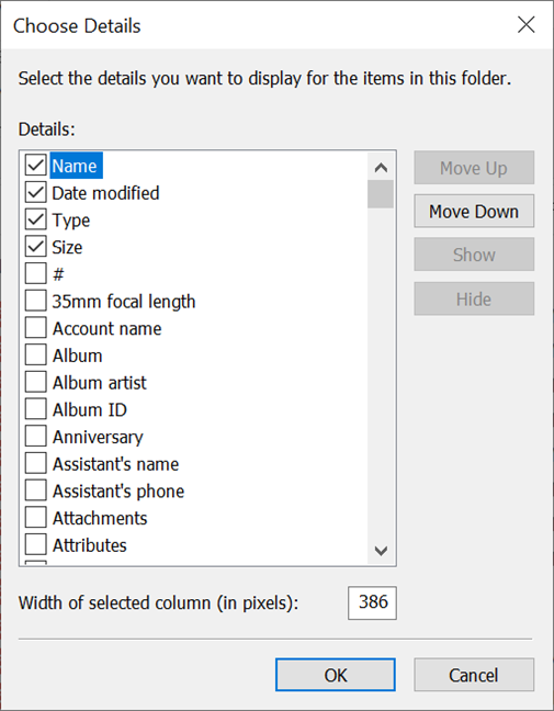 The Choose Details window lets you add more columns