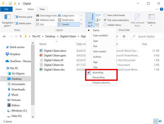 Sort items in Ascending or Descending order from the ribbon