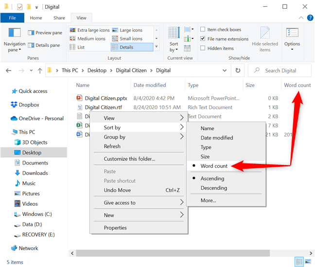 Select the desired sorting option from the right-click menu or by pressing on the corresponding column