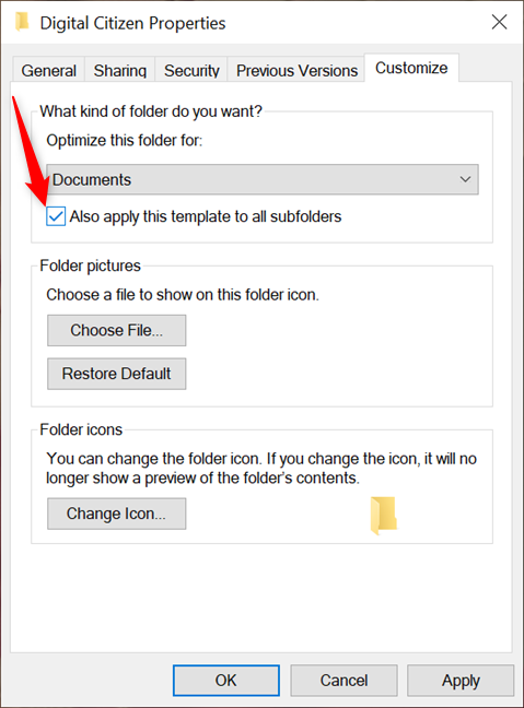 Check the box to use the same template for subfolders
