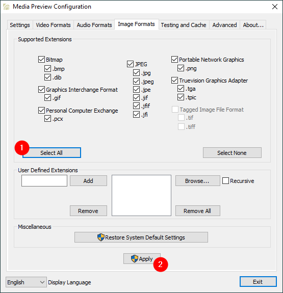 Image Formats for which Media Preview generates thumbnails in File Explorer