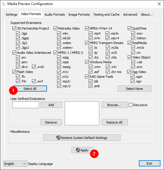 Video Formats for which Media Preview generates thumbnails in File Explorer