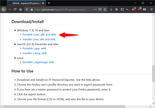 The download links for FF Password Exporter