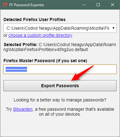 Choosing to export the passwords from Firefox