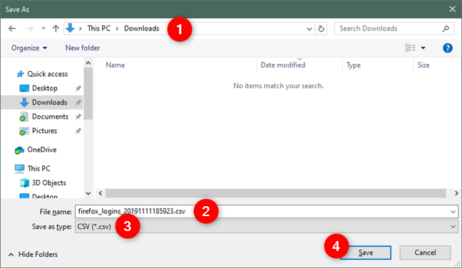 Selecting the location, name, and type of the passwords file