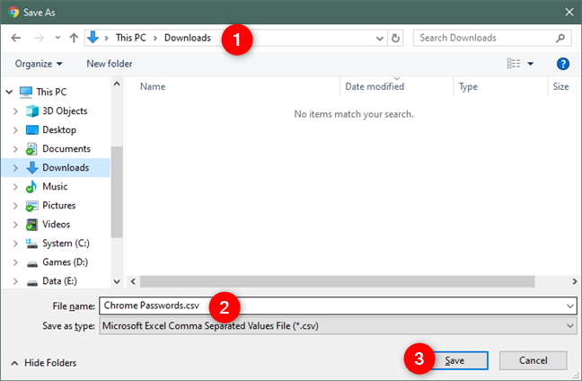 Choosing a location, a name and a file type for the passwords file