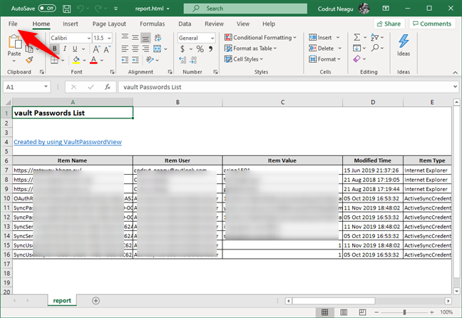 Opening the HTML passwords file with Microsoft Excel