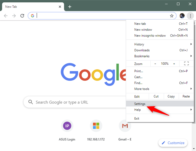 The Settings option from Chrome's menu