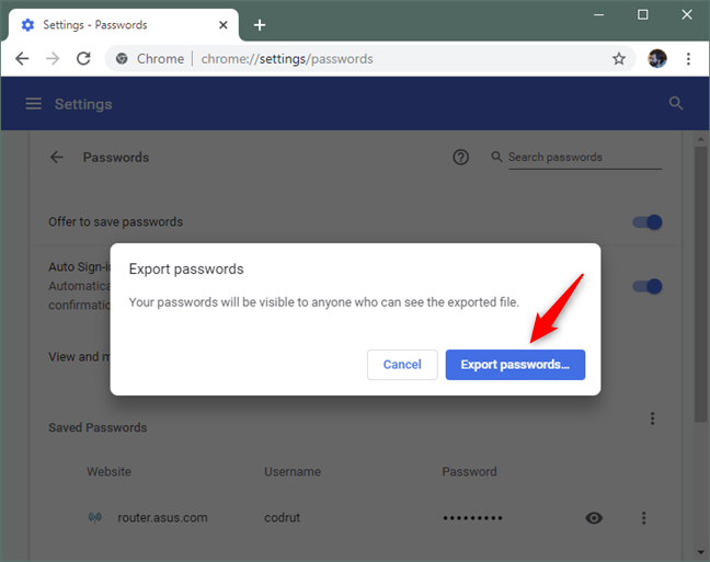 Confirming that you want to export passwords from Chrome