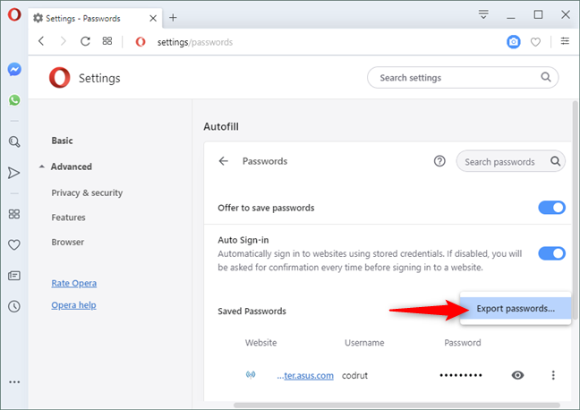 The Export passwords option in Opera