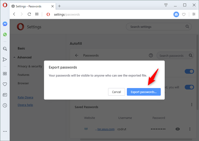 Confirming that you want to export the passwords you saved in Opera