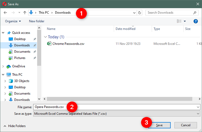 Choosing a location, a name, and a file type for Opera Passwords file