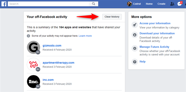 The Clear history button from Your off-Facebook activity