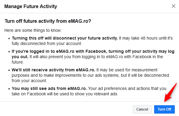 Confirming that you want to turn off future activity from an app or website