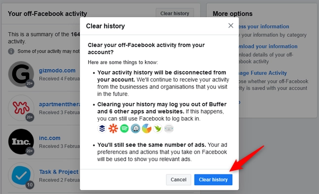 Confirming that you want to clear your off-Facebook history