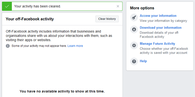 Your off-Facebook history has been cleared