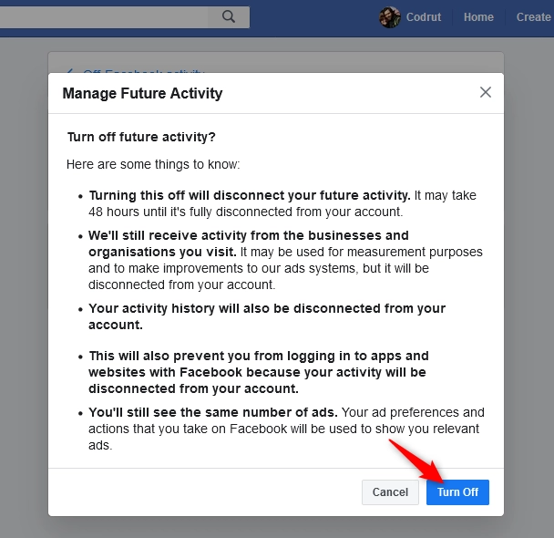 Confirming that you want to turn off the future off-Facebook activity