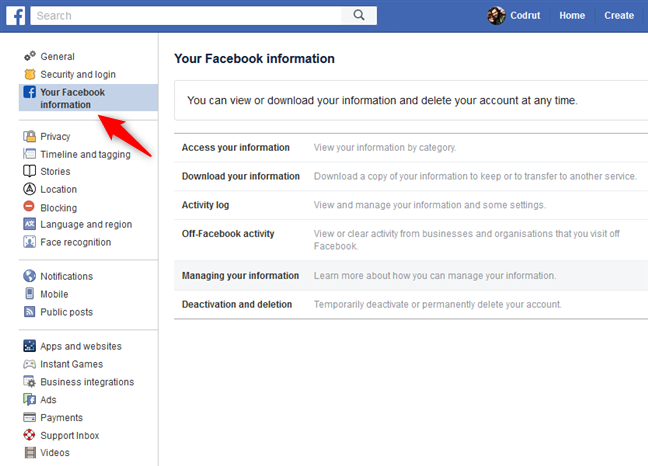 The Your Facebook Information section