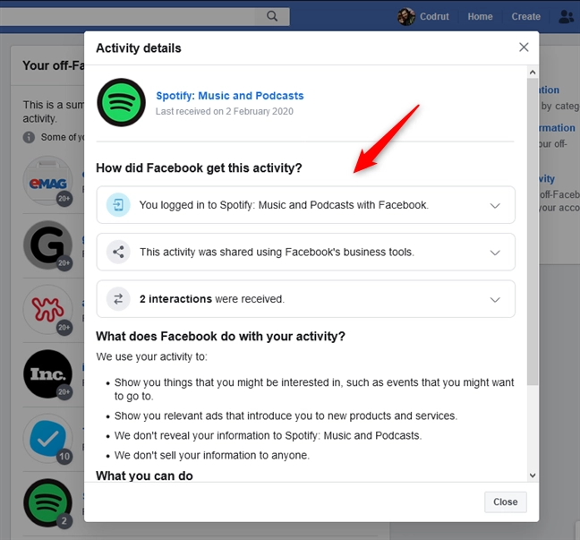 Activity details from an app to which you logged in with your Facebook account