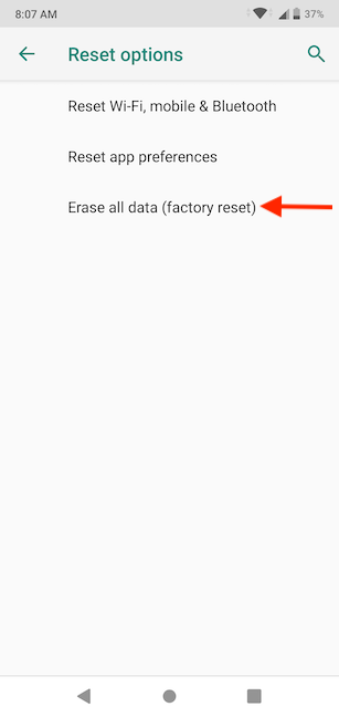 Start the factory reset on Android