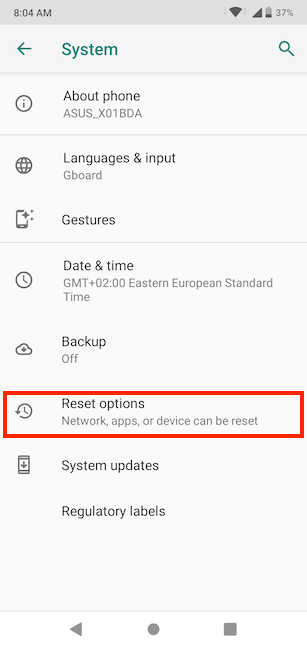 Tap Reset options