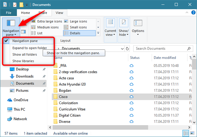 Showing the Navigation pane in File Explorer