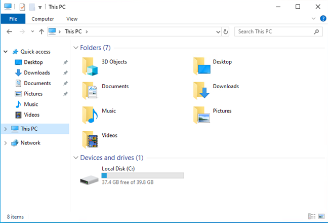 The This PC section in File Explorer