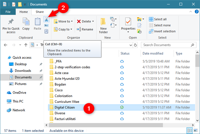 Cut files and folders with File Explorer