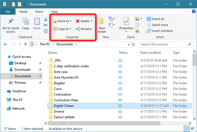 The Organize section from the Home tab of File Explorer