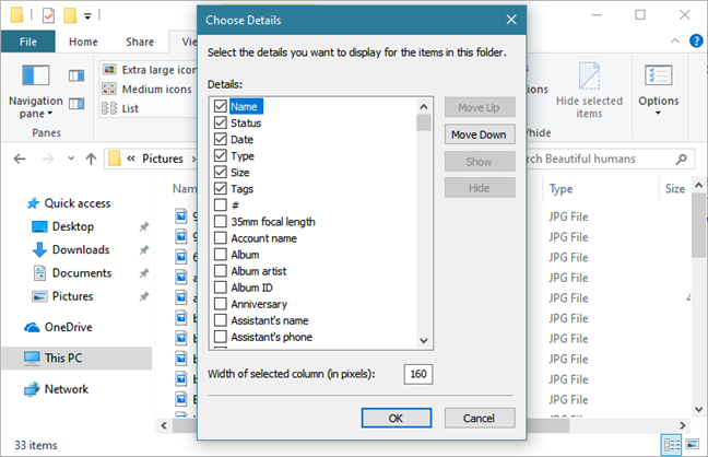 Choosing what new columns to add to the Details view